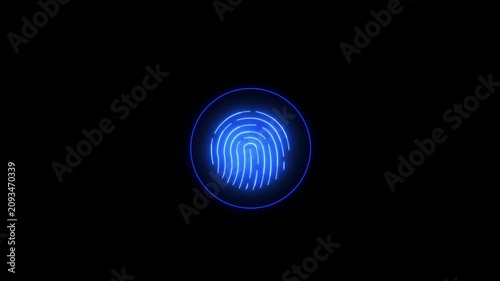 Blue Neon Fingerprint Scanning Animation with Circular HUD Interface – Biometric Security and Digital Authentication Concept