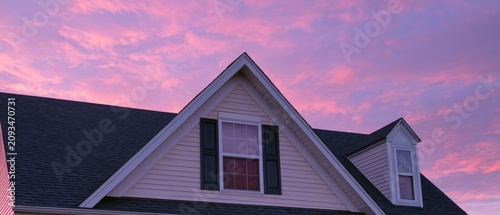 A house roof and gabled window beneath a dramatic pink and purple sky
