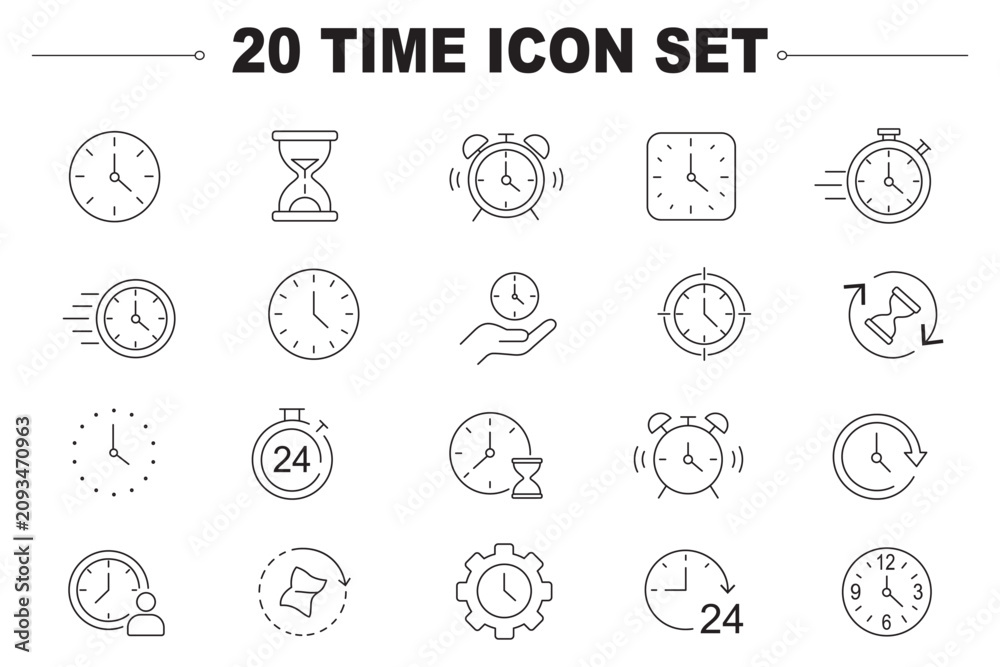 Fototapeta premium Timer, watch, speed, alarm clock. Clock and Time linear icons set. Calendar icon. Editable stroke.