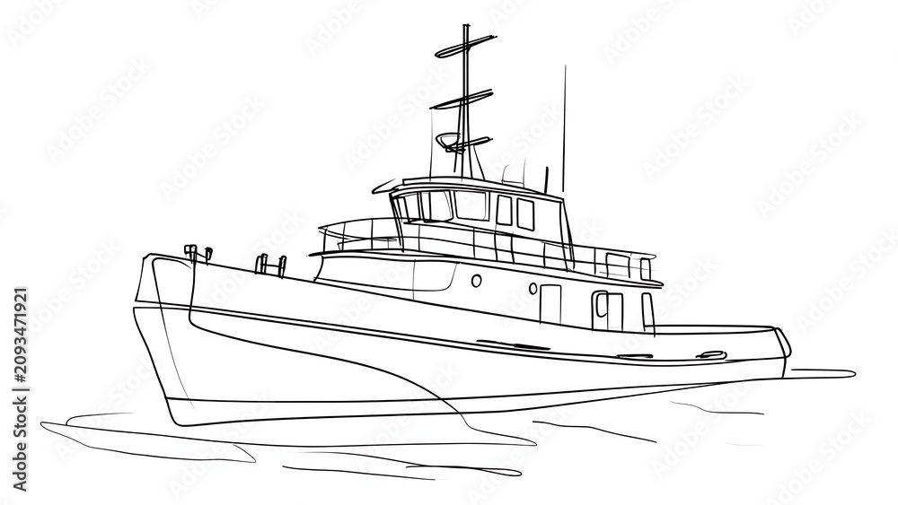 Obraz premium Line drawing of a tugboat on white background.