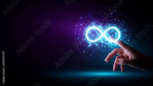 Person interacting with glowing infinity symbol on dark background