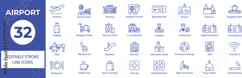 Airport Vector Outline Icons Set – Air Travel, Aviation, Passenger Terminal and Editable Stroke Line Symbols Collection