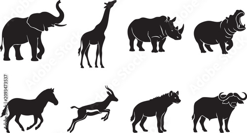Photography African safari animals black silhouette vector icon set featuring elephant giraf