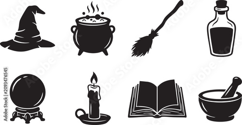 Canvastavla Witchcraft and wizardry Halloween black silhouette icon set featuring witch hat