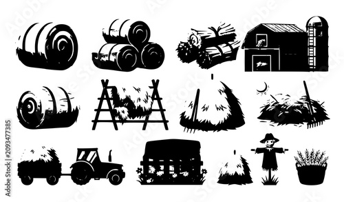 Foto Farm haystack and straw bale flat vector collection