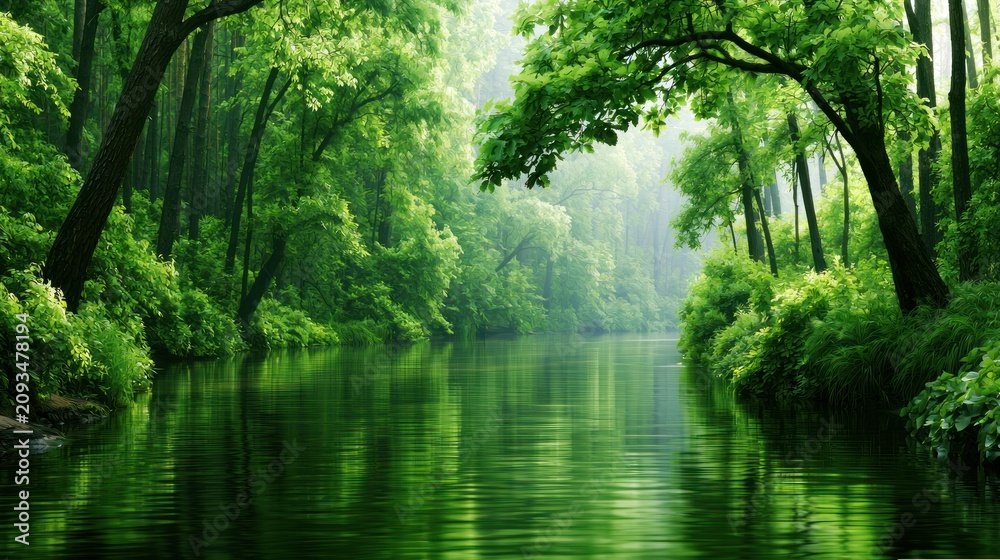 Fototapeta premium Lush green forest with serene river flowing softly under arching trees and dappled sunlight filtering through