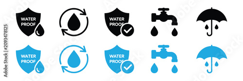 Foto Waterproof Icon, Water Resistant, Dust Protection, Shield, Liquid Proof, and Fla