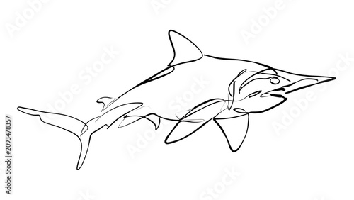 Minimalist shark line art drawing white background.