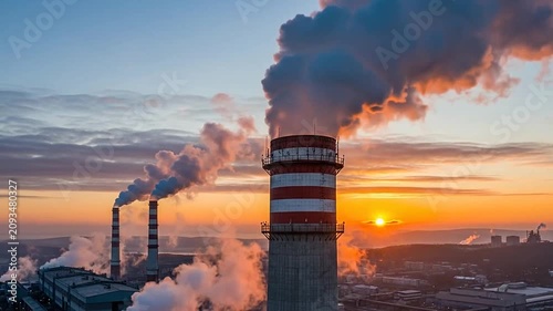 Industrial power plant chimneys release thick smoke into the sky at sunset