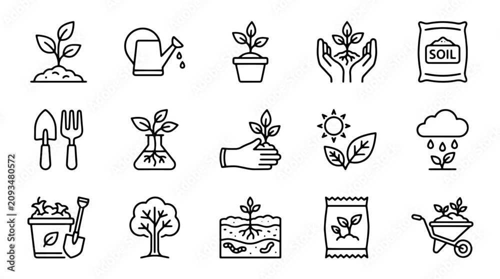Fototapeta premium Gardening icons, plant symbols, garden tools, landscaping illustrations, 20 black line art graphics