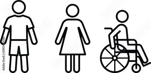 Minimalist vector graphic illustration featuring simple line art icons of a man woman and wheelchair