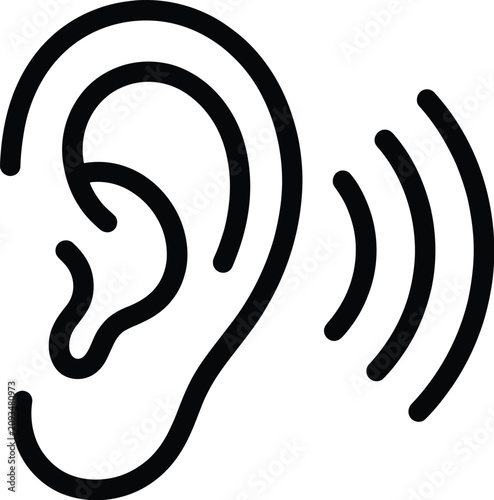 Minimalist black vector graphic illustration of a human ear icon representing sound and listening concepts