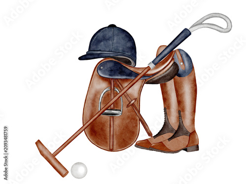 Tableau sur toile Watercolor illustration of equestrian boots, saddle, helmet, and a polo stick and ball