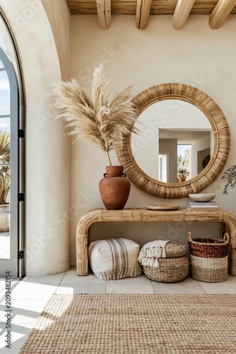 Boho hallway featuring warm ochre limewash walls, rattan furniture, a round mirror, and decorative elements creating a cozy and inviting atmosphere in a modern interior space