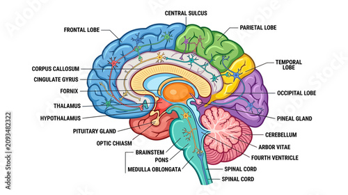 Konstfotografi Human Brain Anatomy Diagram with Labeled Parts