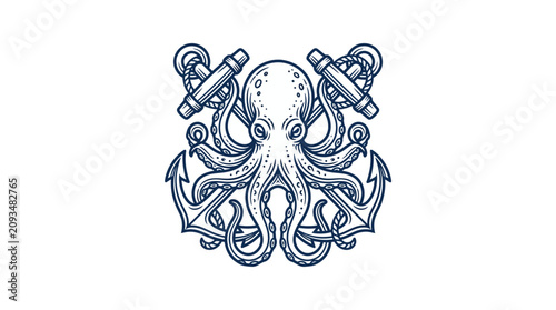 Canvastavla A vintage engraving depicts an octopus surrounded by anchors and crossed harpoons on ocean waves in a classic tattoo style