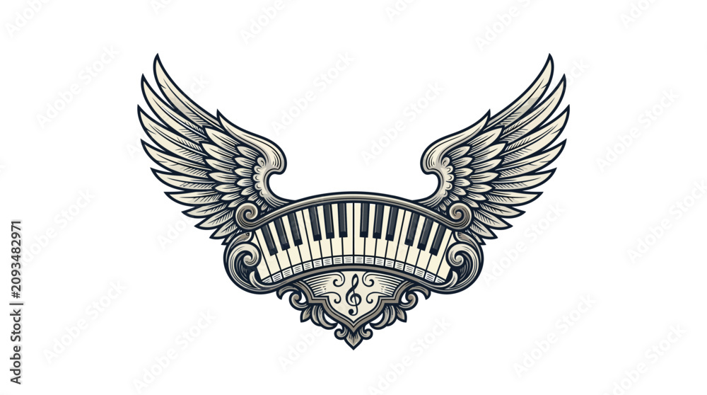 Fototapeta premium Vintage engraved emblem of piano keyboard with floral vines and wings on solid background in classic tattoo style