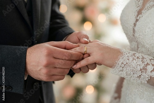 Brautpaar tauscht Eheringe bei der Hochzeit, intime Nahaufnahme