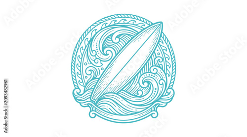 Quadro su tela Vintage engraved emblem features a surfboard with wave design on a circular patterned background in a classic line art style