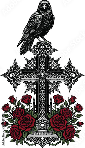 Halloween Gothic Raven Cross and Roses T-Shirt Design