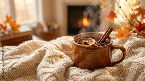 Warm spiced drink in cozy autumn setting with fireplace and knitted blanket
