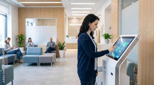 A woman using a self-service check-in kiosk in a modern office or clinical waiting room