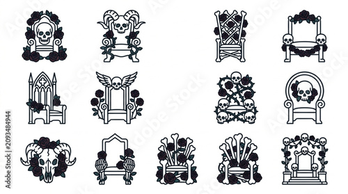 Foto Gothic Throne Icons Skull Rose Ram Horns Design Elements.