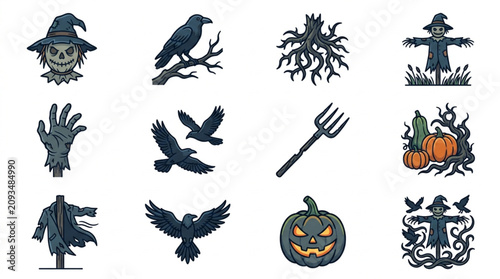 Quadro em tela Halloween Icons Collection Scarecrow Crow Pumpkin Ghost Tree.