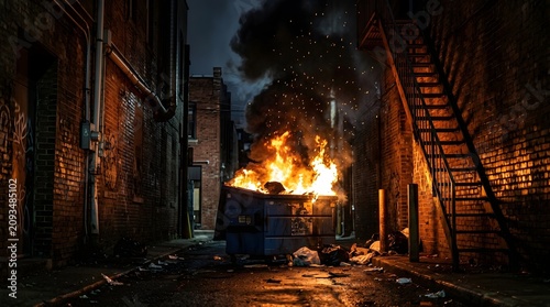 Burning dumpster in dark urban alley with fire escape stairs at night