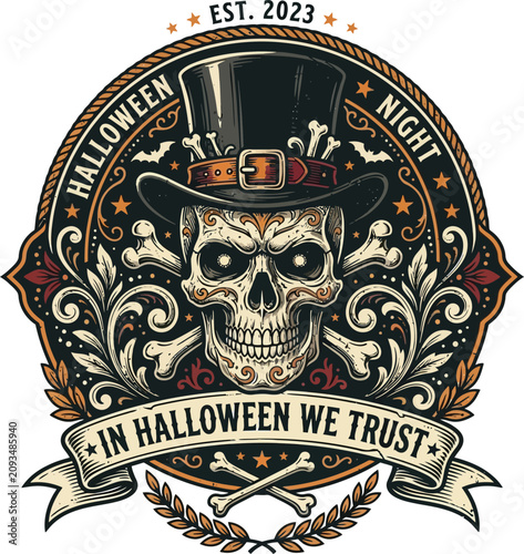 Vintage Halloween Skull in Top Hat Crest T-Shirt Design