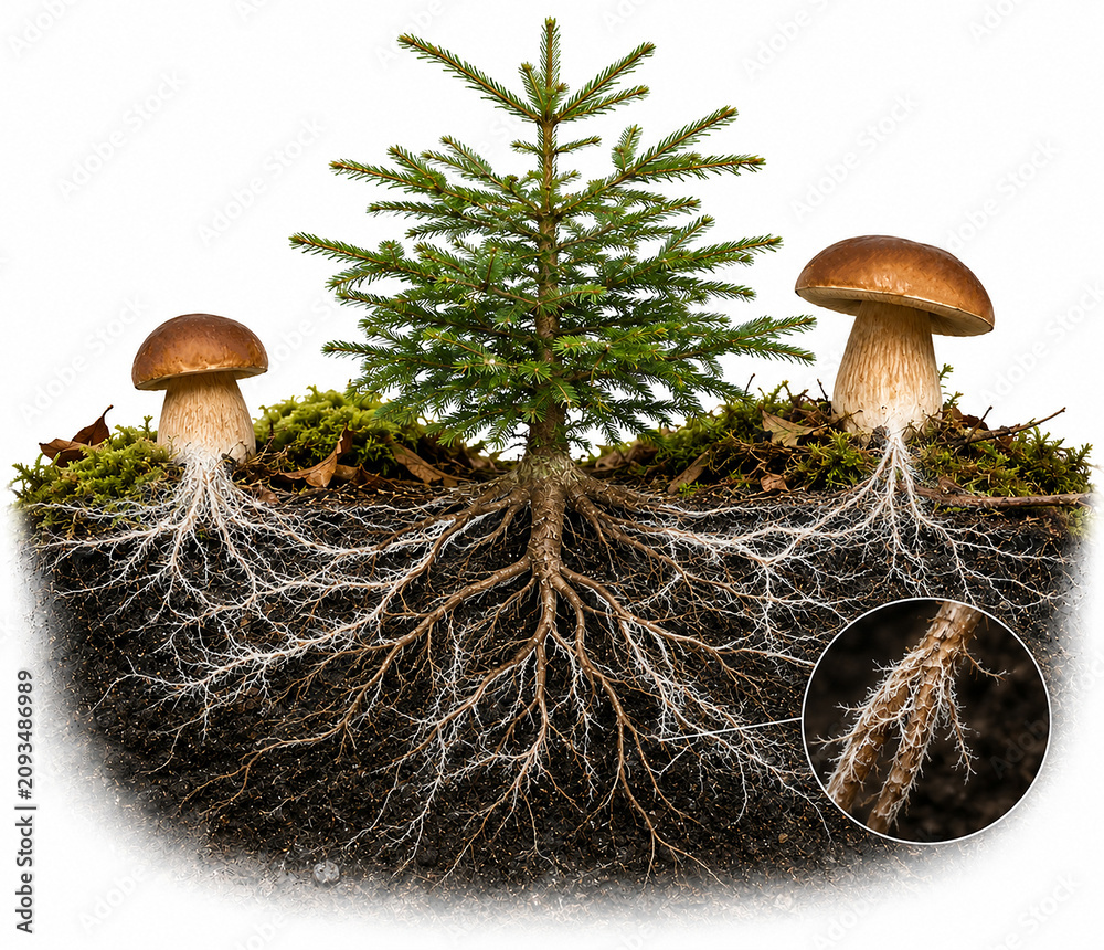 Obraz premium Scientific illustration of ectomycorrhizal symbiosis between a Norway spruce (Picea abies) and porcini mushrooms (Boletus edulis), showing roots, fungal mycelium, and nutrient exchange beneath the for