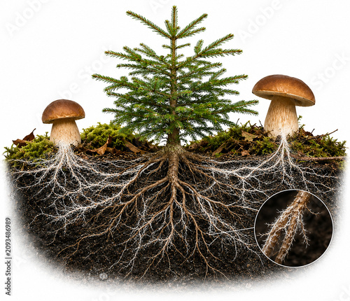 Scientific illustration of ectomycorrhizal symbiosis between a Norway spruce (Picea abies) and porcini mushrooms (Boletus edulis), showing roots, fungal mycelium, and nutrient exchange beneath the for
