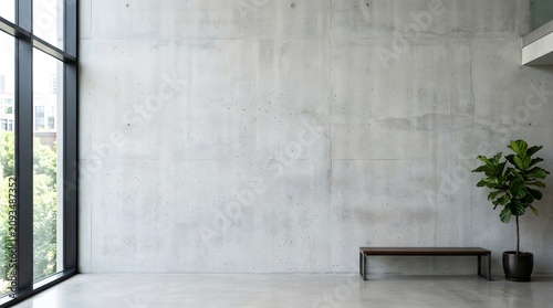 Minimalist concrete room with bench and potted plant by large window