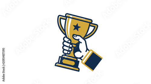 A hand holds a shining gold trophy cup with a star.