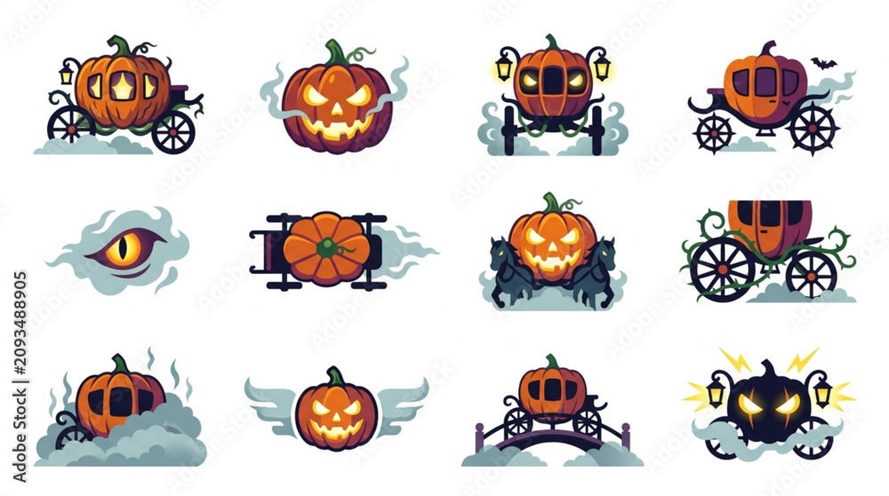 Naklejka premium Halloween Pumpkin Carriage Icons Set Vector Illustration.