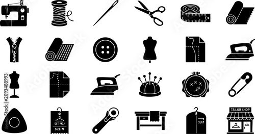 Fotografie Sewing and tailoring craft equipment vector icon set with tailoring clothing sci