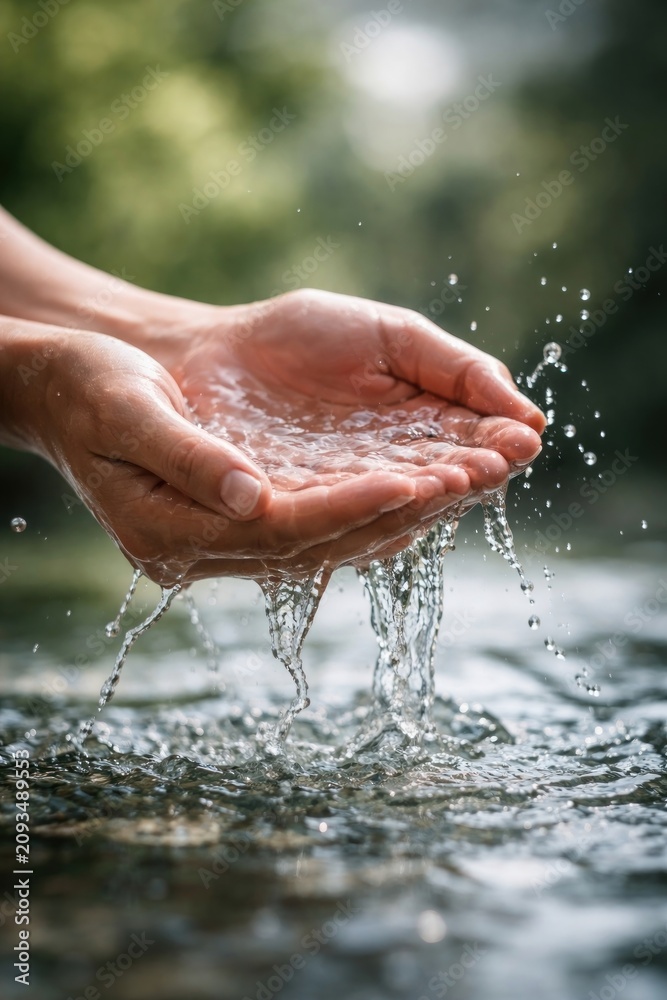 Fototapeta premium Hands cupping fresh flowing water.