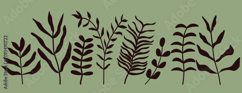 Set of vector plant elements. Minimal Black Botanical Border with Hand Drawn Wild Plant Silhouettes on Light Background