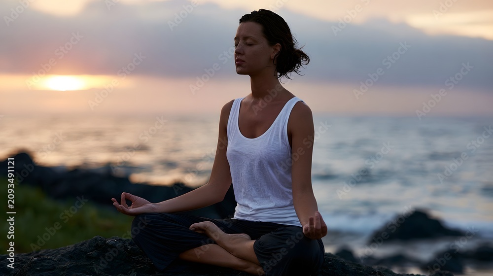 Fototapeta premium A person sits cross legged in meditation pose on rocky beach at sunset with calm ocean behind