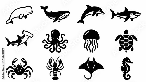 Quadro su tela Black and white marine animal icons set.