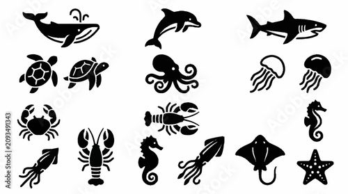 Schilderij op canvas Black and white sea creature icons collection.