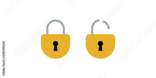 Closed and broken yellow security padlocks isolated on transparent background
