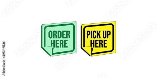 Green order here and yellow pick up here business signs isolated on transparent background