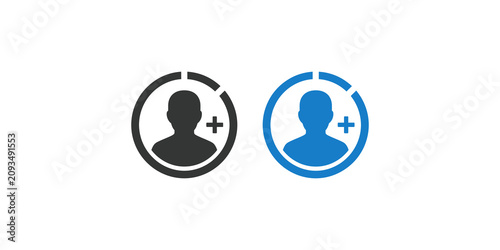 Blue and grey user profile account avatar icon with plus sign indicating add friend or new follower option isolated on transparent background