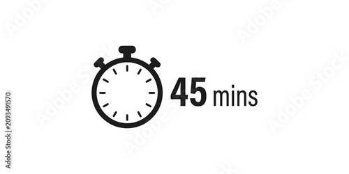 Minimalist grey stopwatch graphic representing 45 minutes of time tracking or countdown duration isolated on transparent background