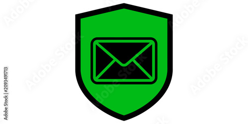 Green shield icon with black line envelope symbol for email security and secure message protection isolated on transparent background