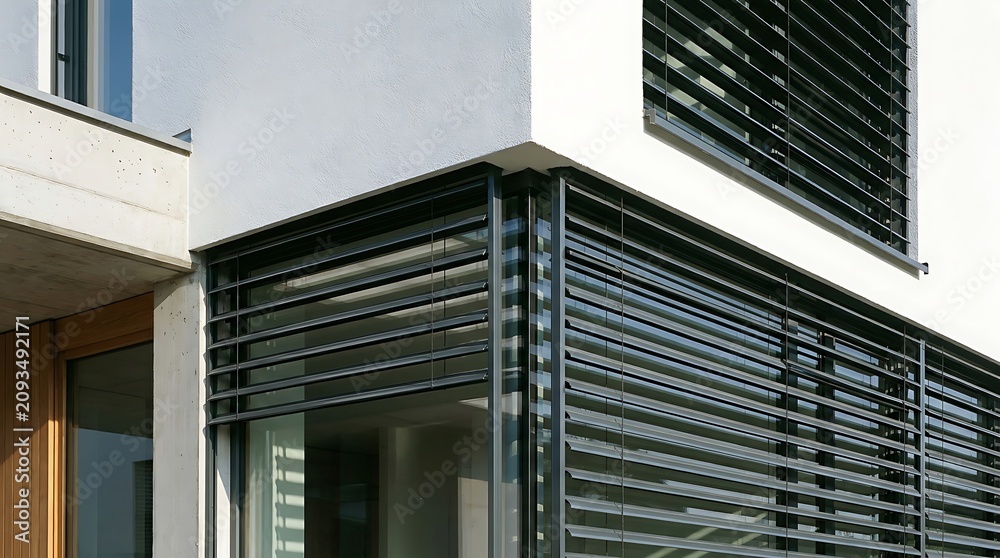 Fototapeta premium A contemporary building exterior featuring sophisticated louvered blinds on large glass windows, emphasizing modern architectural design, sun protection, and sleek aesthetics