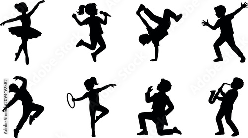 фотографія Children performing arts and talents silhouettes set including dancing singing p