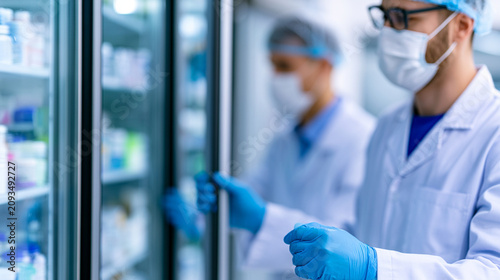Completely Blurred Hospital Pharmaceutical Warehouse with Healthcare Logistics Professionals Managing Cold Chain Medicines