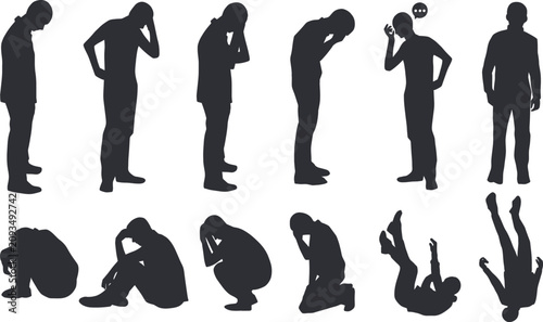 Cuadro en lienzo Feeling down and lonely man vector silhouette set